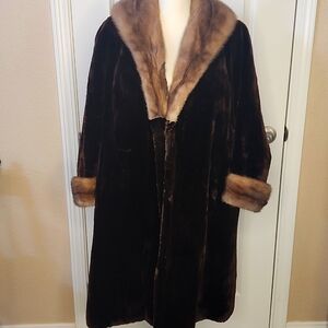 Vintage Sheared Beaver And Mink Fur Coat, Open-front, Large, Brown/Tan